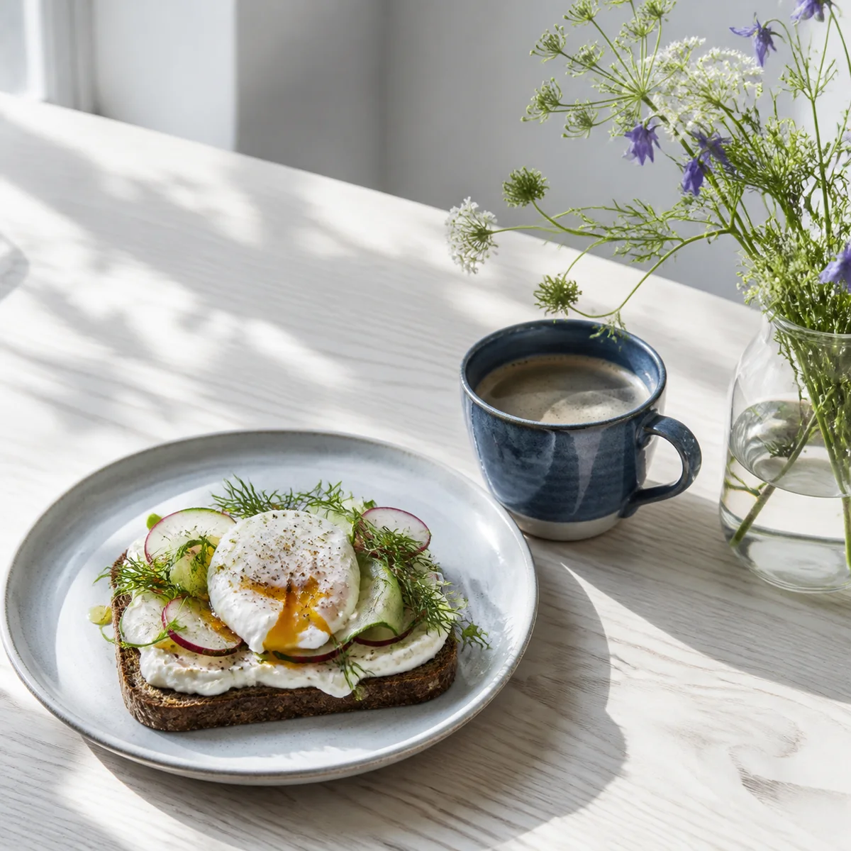 Nordic brunch with rye toast and coffee