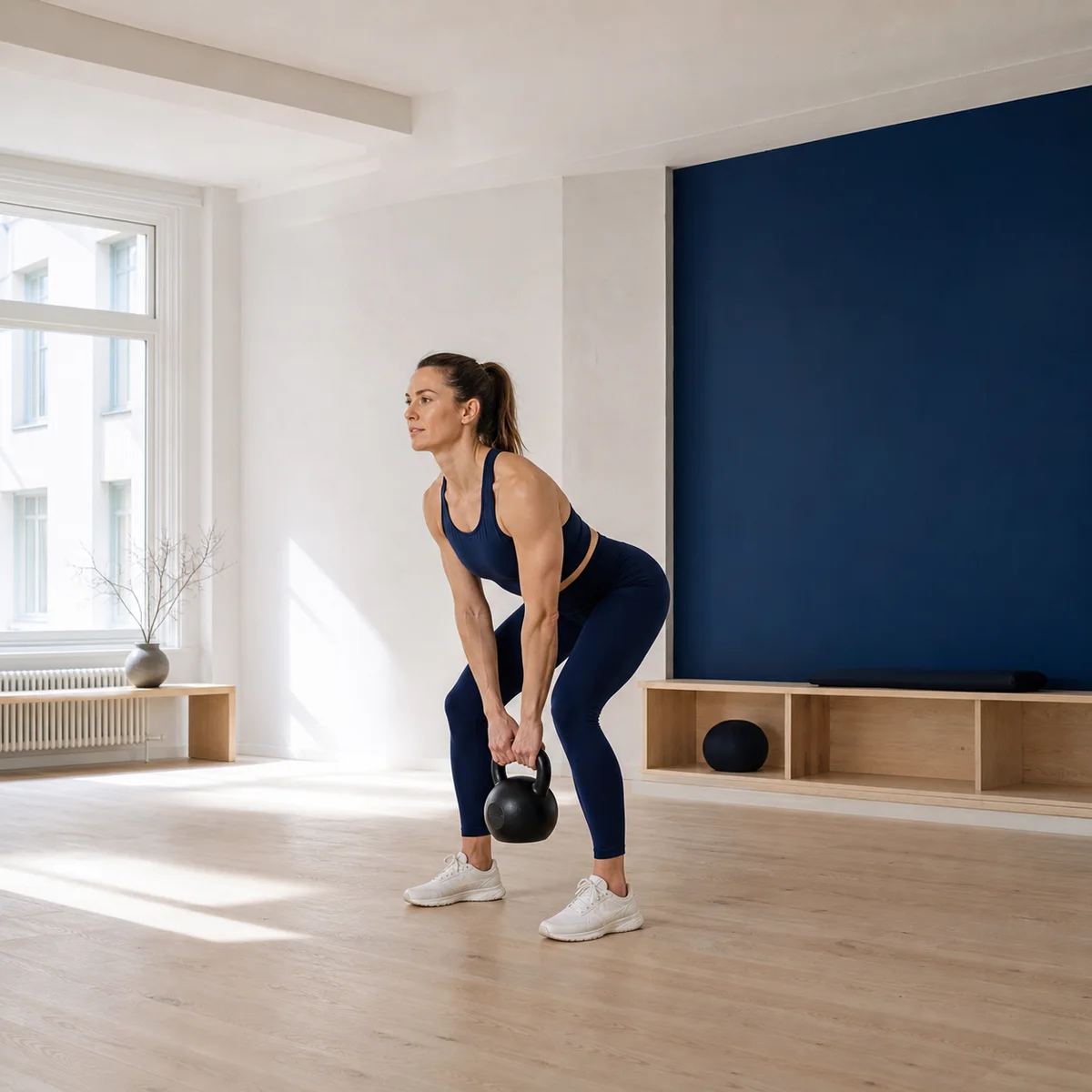 Woman training with a kettlebell in a Nordic fitness studio